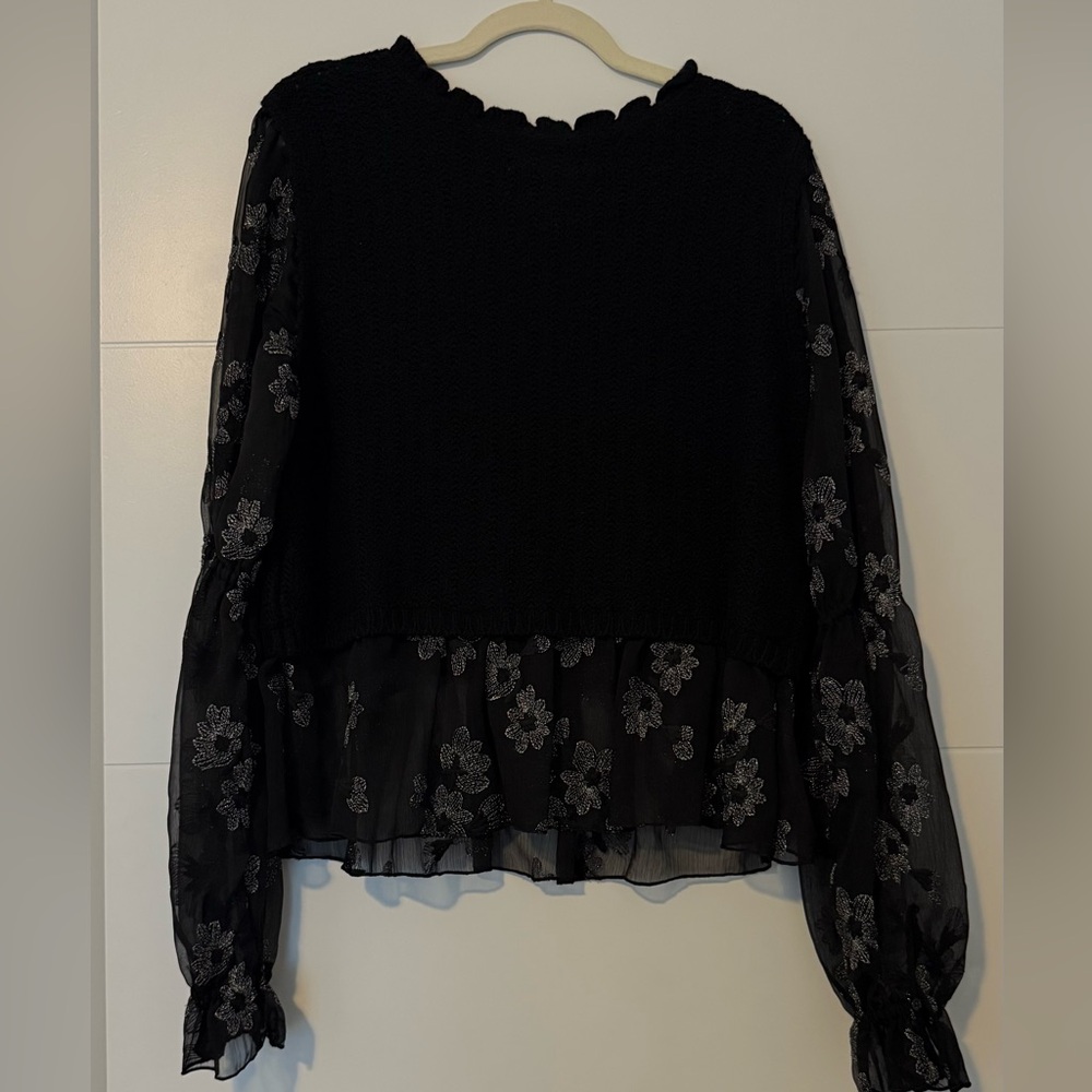 Anthropologie Black silver floral sweater with chiffon sleeves